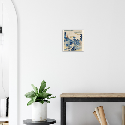 Modern interior with a plant, table, and artwork on a white wall.