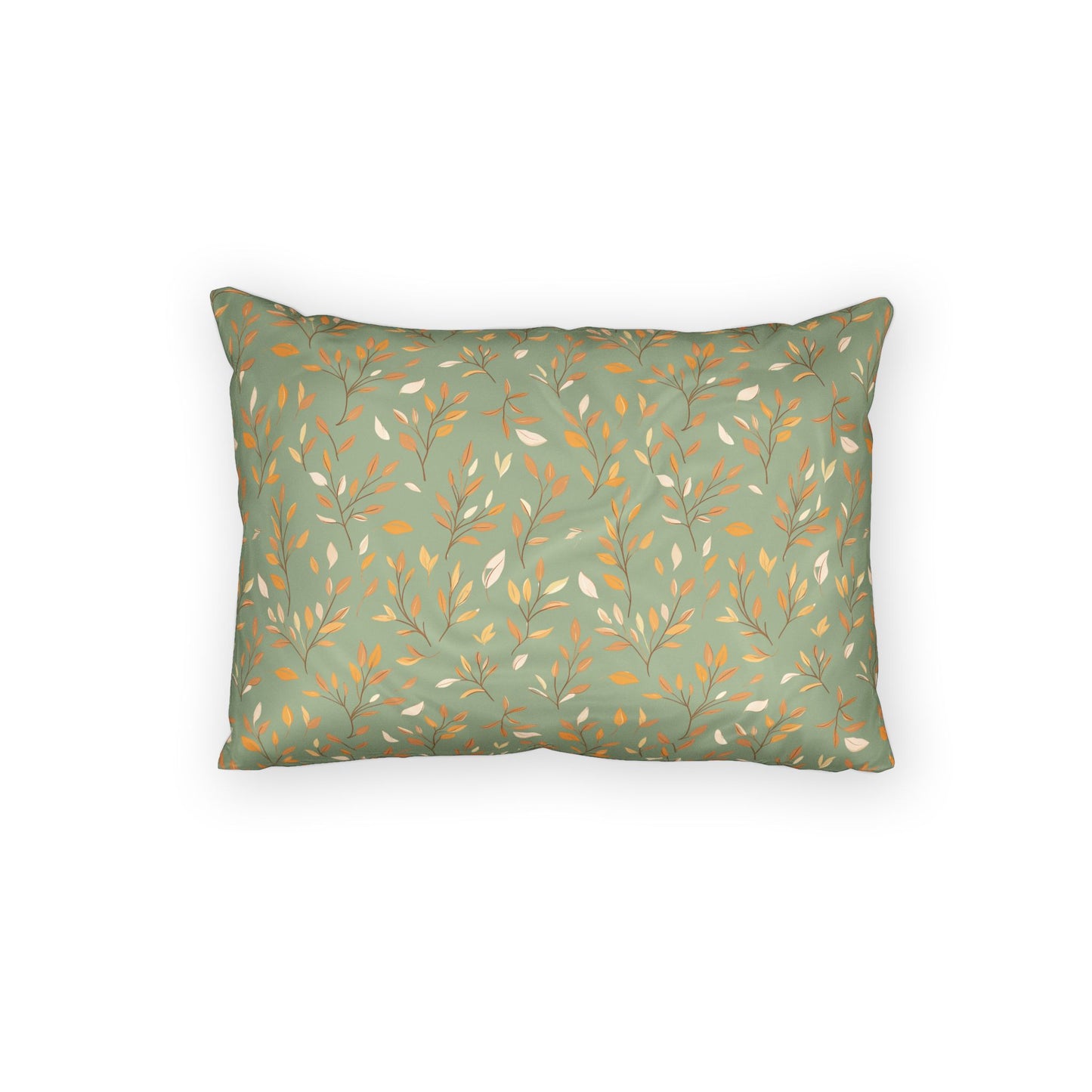 A rectangular throw pillow with a sage green background and a repeating pattern of delicate branches in mustard yellow and off-white, shown against a plain white background.