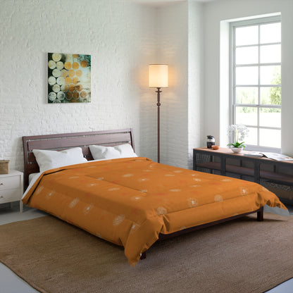 An orange patterned comforter set on a dark wood bed frame in a modern, bright bedroom with a white brick wall, floor lamp, and window.