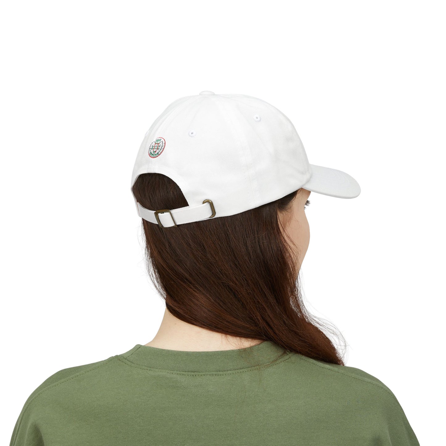 Person wearing a white cap with a logo on a white background