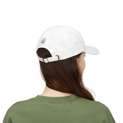 Person wearing a white cap with a logo on a white background