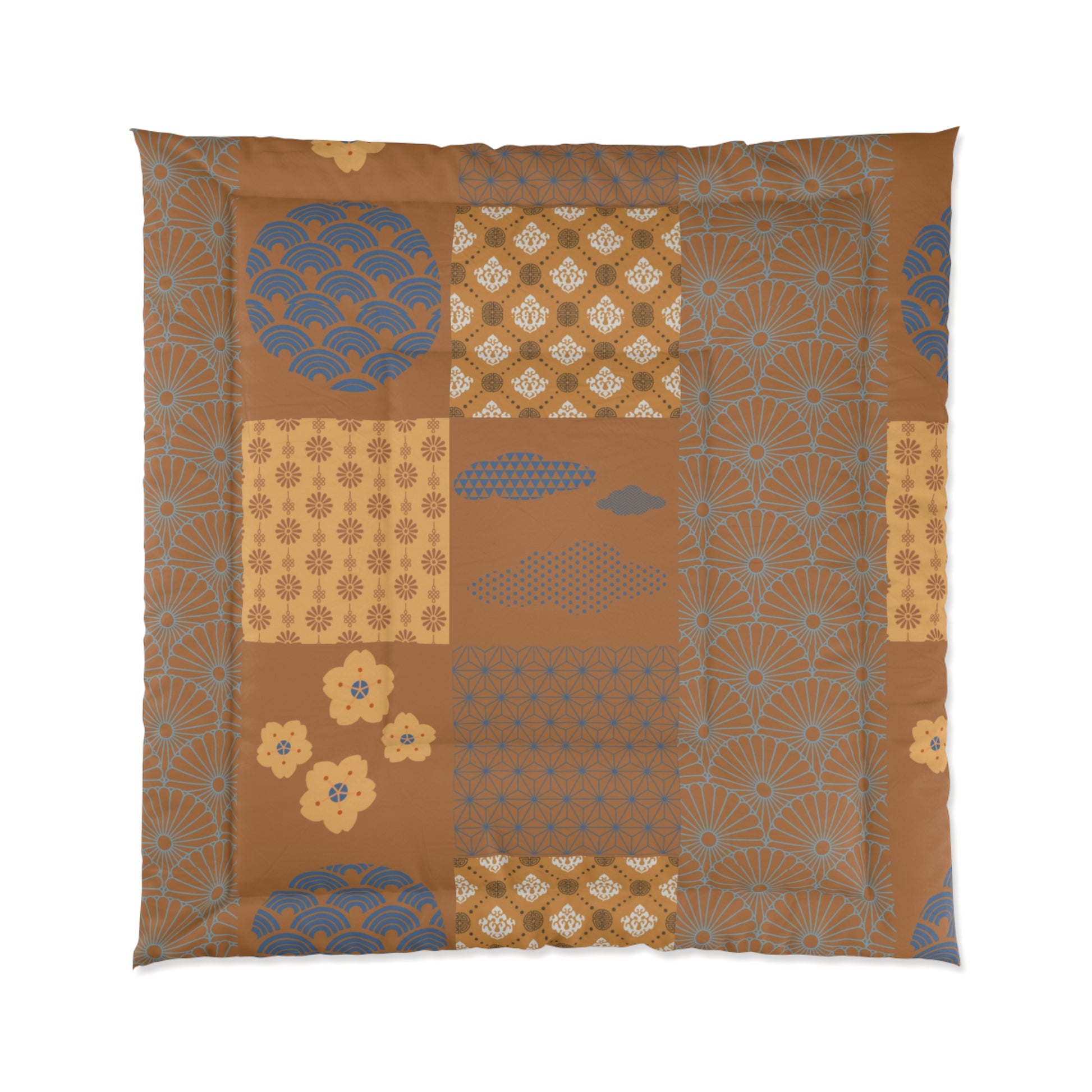Patterned fabric with geometric and floral designs in brown, blue, and yellow on a white background