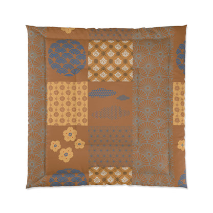 Patterned fabric with geometric and floral designs in brown, blue, and yellow on a white background