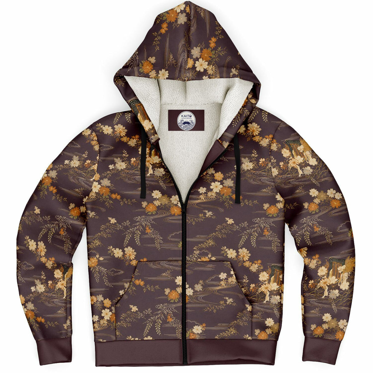 A zip-up hoodie with a brown and beige floral print, featuring a cream-colored fleece lining and black drawstrings, shown against a plain white background.