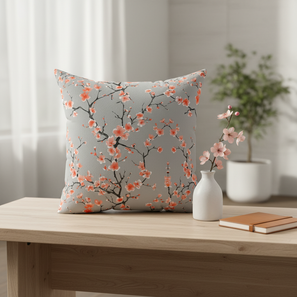 Decorative pillow with floral pattern on a wooden table with a vase and notebook.
