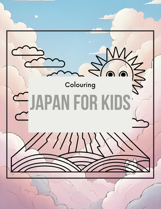 Cover of a coloring book titled 'Colouring Japan for Kids' with a sun and cloud design.