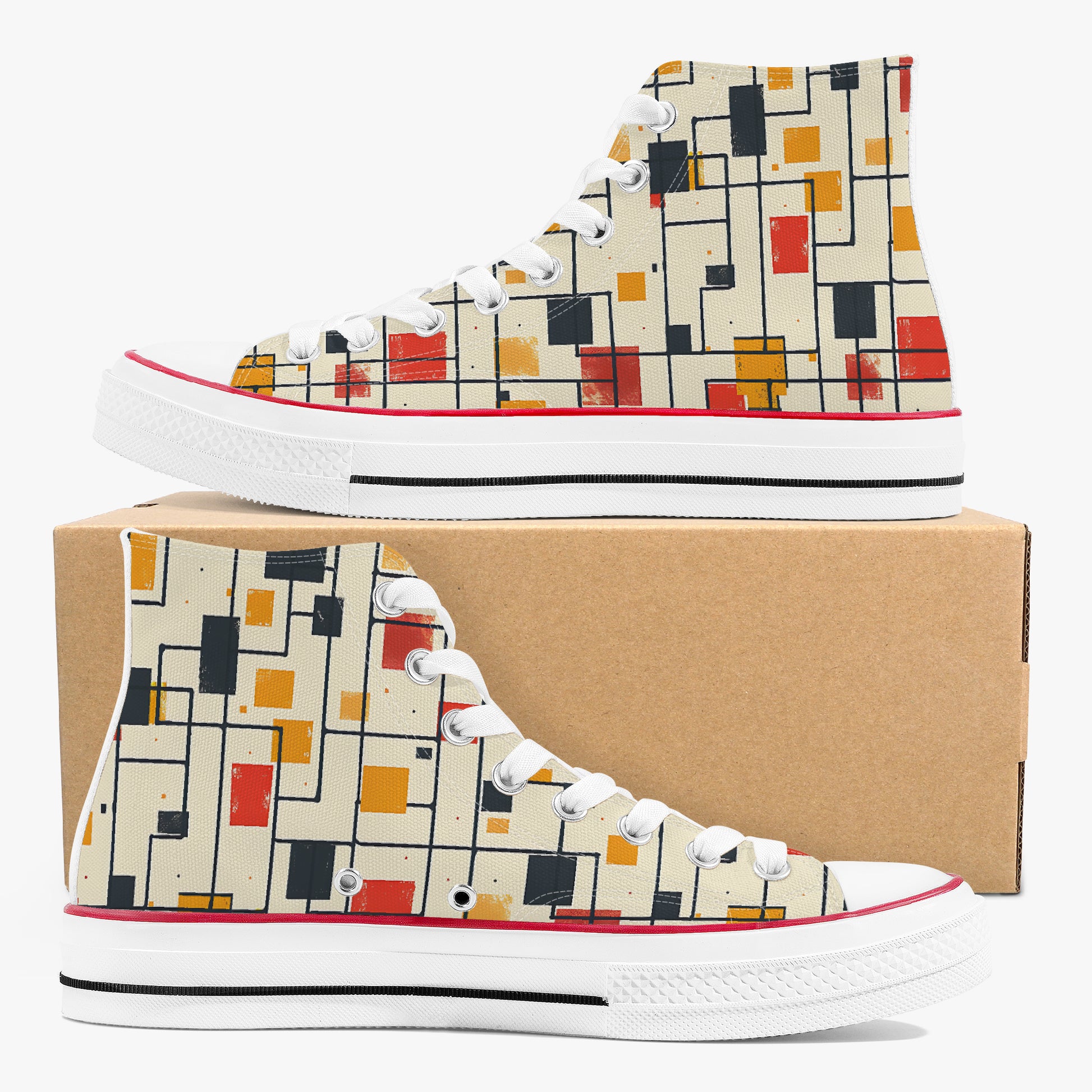 Colorful geometric-patterned high-top sneakers on a white background
