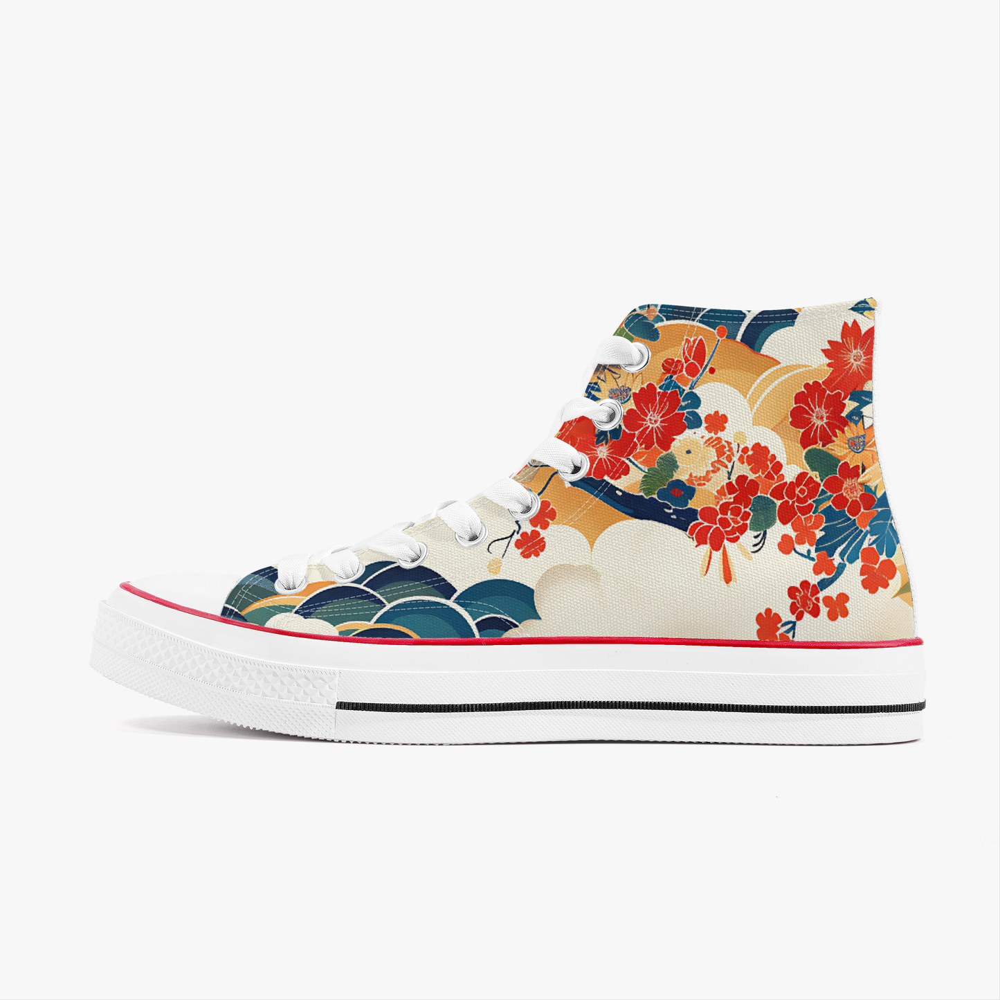 Colorful floral and wave patterned sneaker on a white background