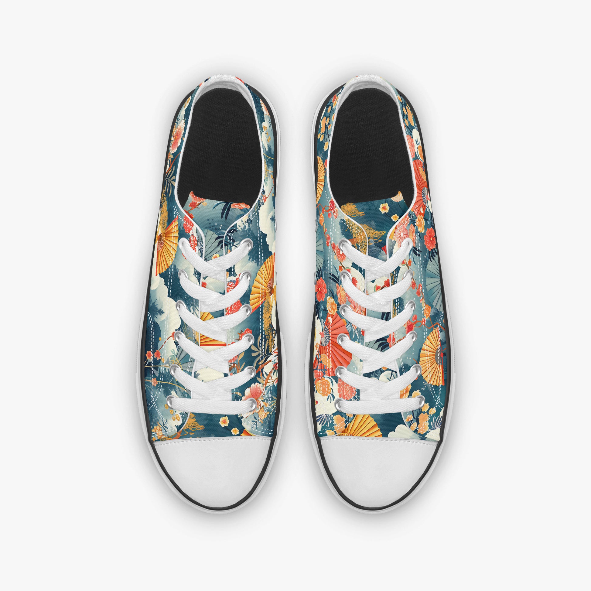 Pair of sneakers with a colorful floral pattern on a white background