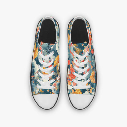 Pair of sneakers with a colorful floral pattern on a white background