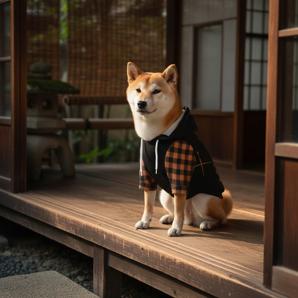Dog wearing a plaid outfit sitting on a wooden floor in a traditional setting