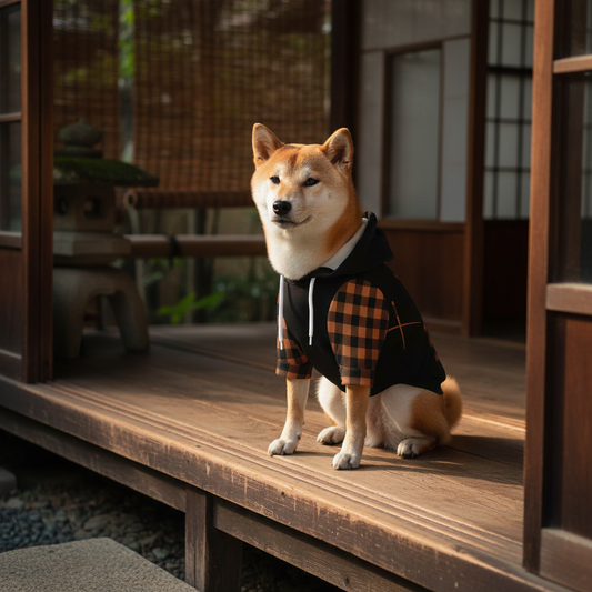 Dog wearing a plaid outfit sitting on a wooden floor in a traditional setting