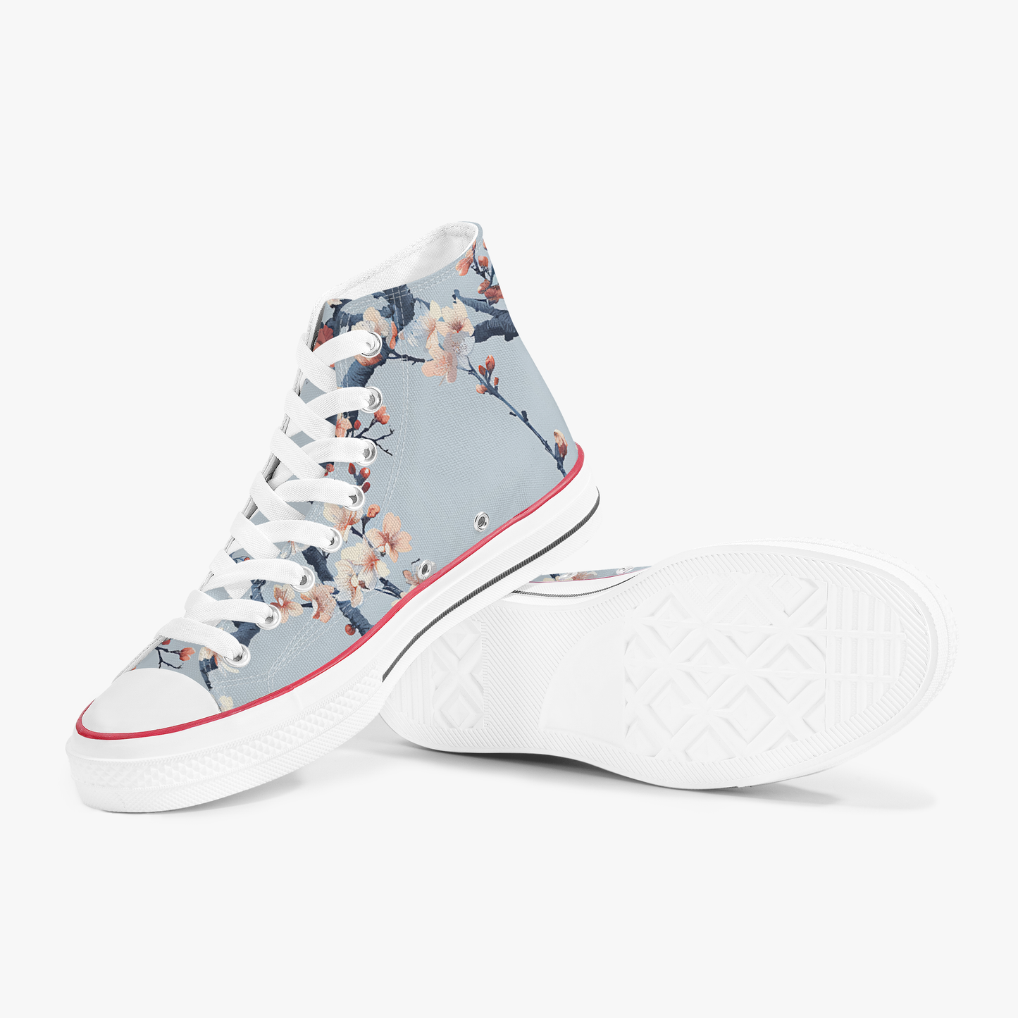 High-top sneakers with floral design on a light blue background