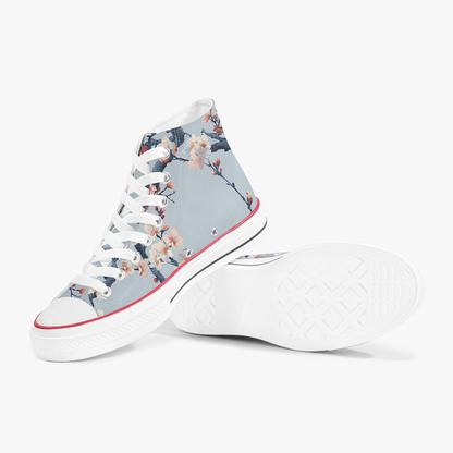 High-top sneakers with floral design on a light blue background