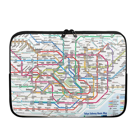 Laptop sleeve with Tokyo subway route map design on a white background
