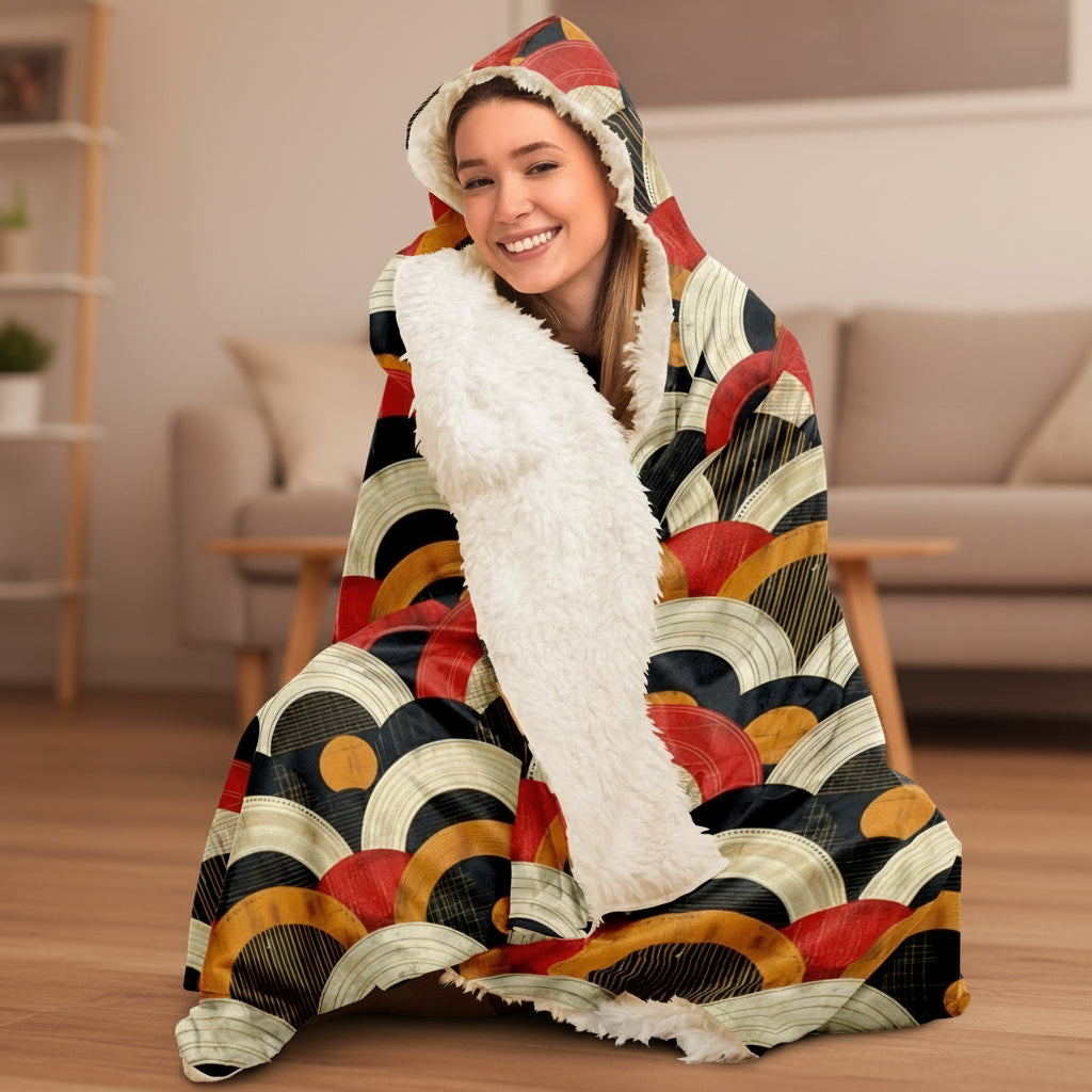 Person wrapped in a colorful hooded blanket with abstract patterns on a white background