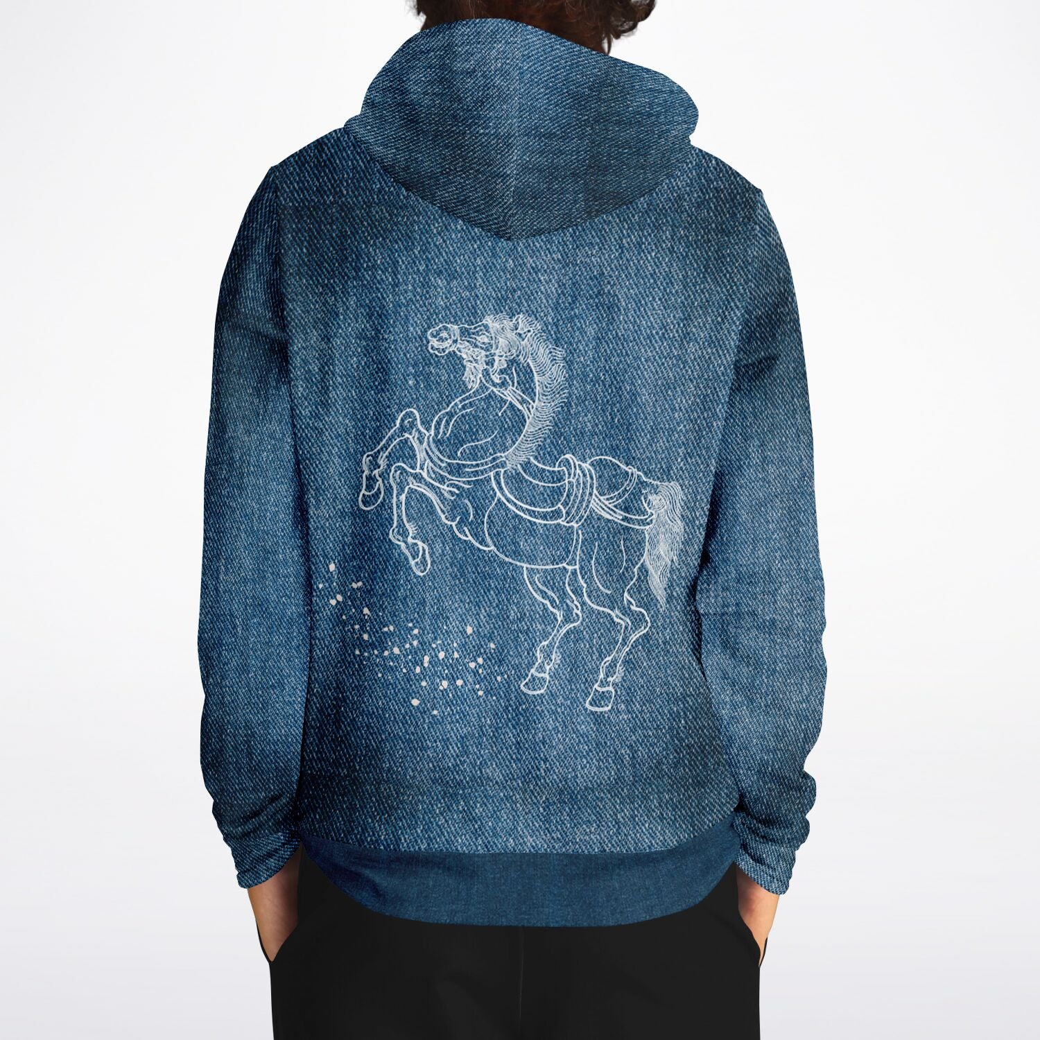Blue denim jacket with a horse design on the back against a white background