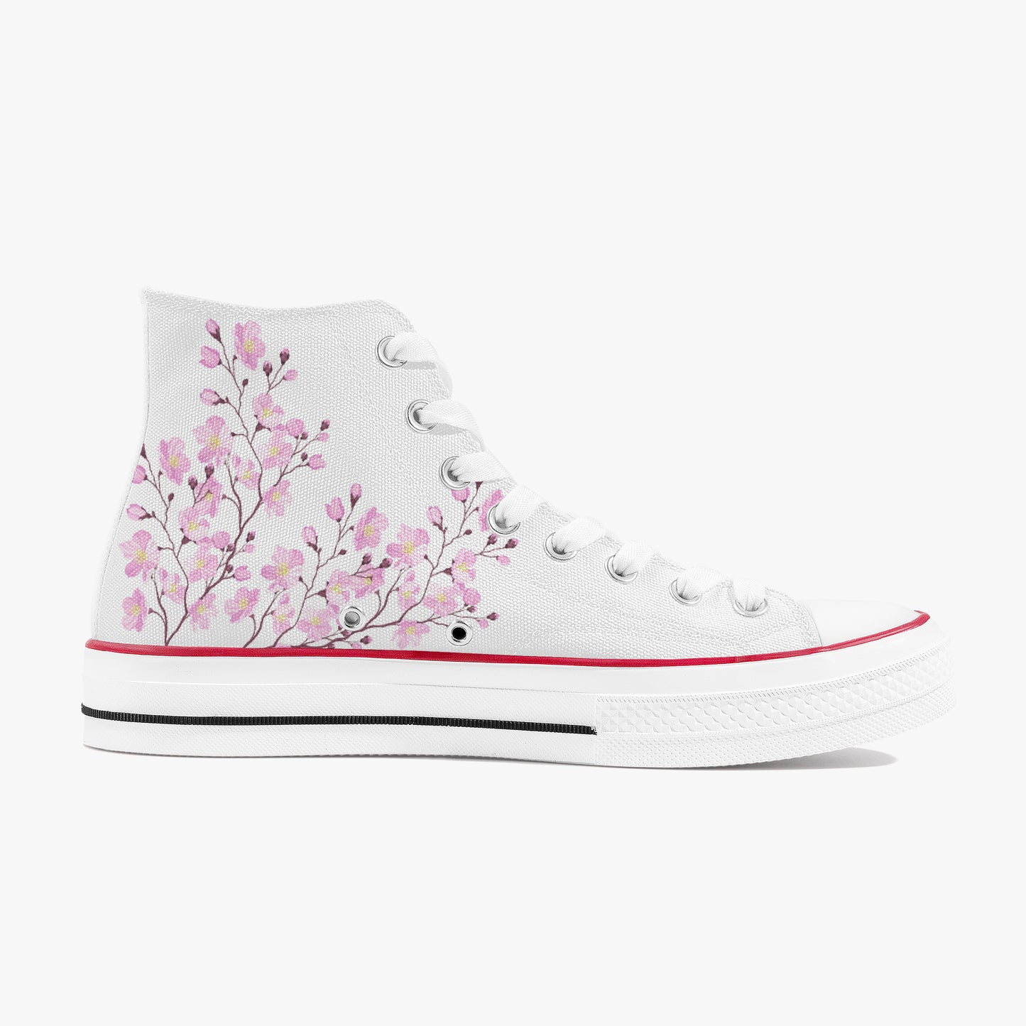 White high-top sneaker with pink floral design on a white background