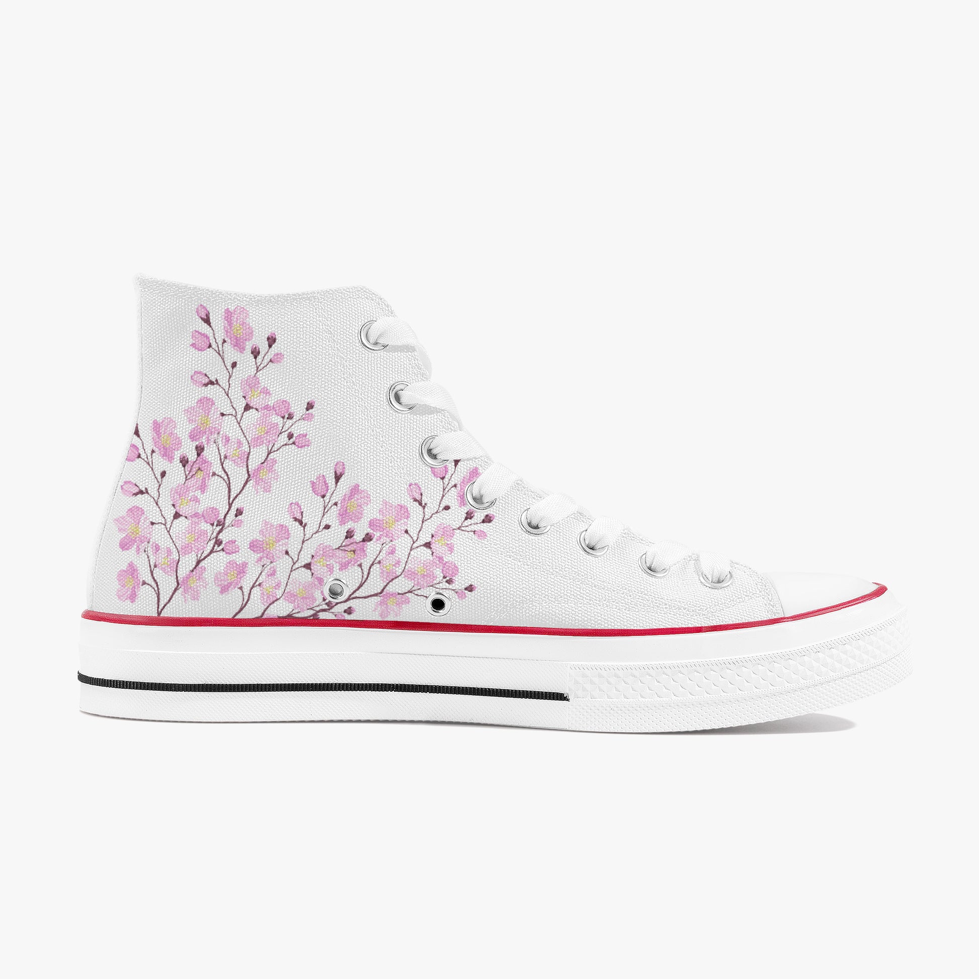 White high-top sneaker with pink floral design on a white background
