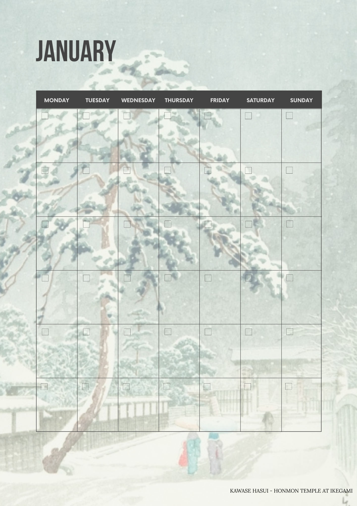 Printable monthly calendar page featuring a classic Ukiyo-e Japanese woodblock print background.