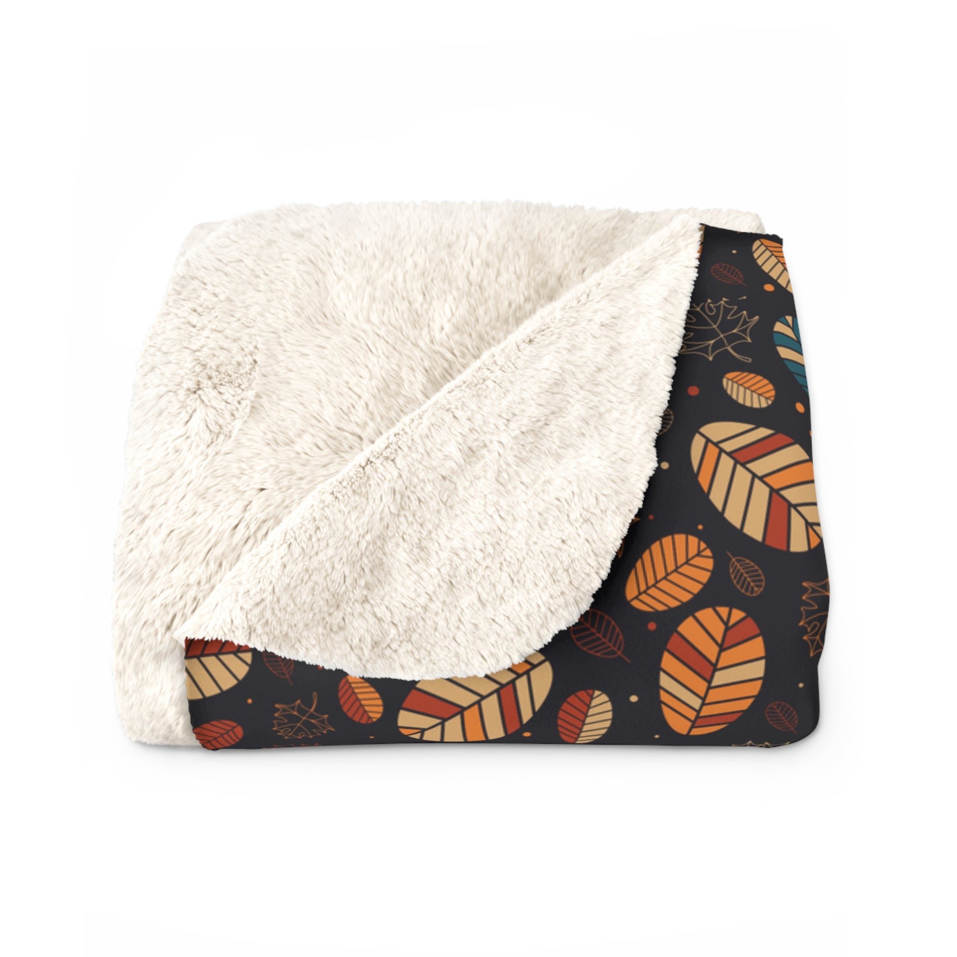 Blanket with white sherpa side and dark side with text, on a white background