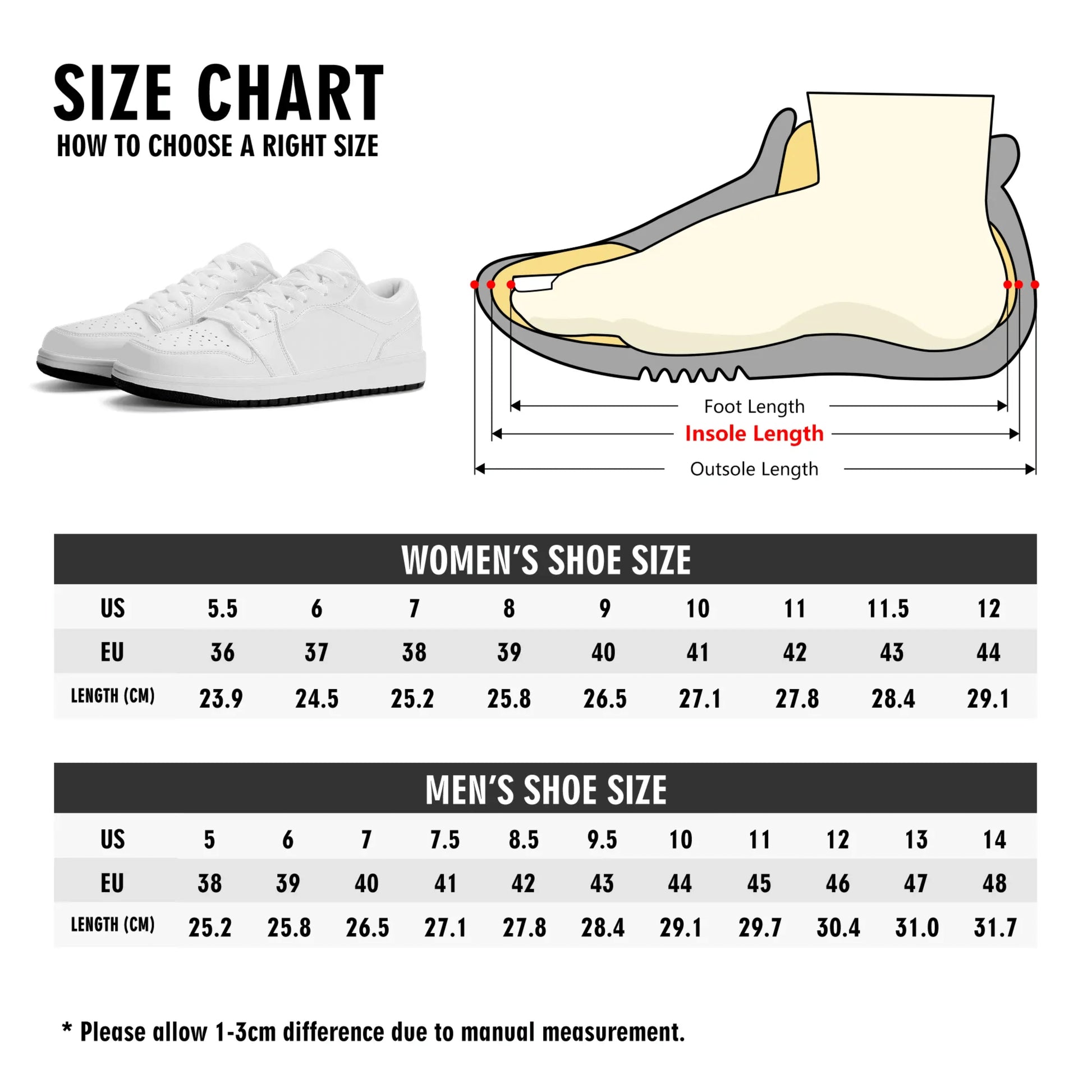 Shoe size chart for women and men with a diagram of a foot and shoe.