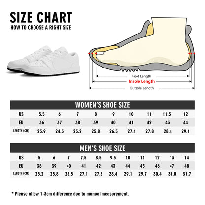 Shoe size chart for women and men with a diagram of a foot and shoe.