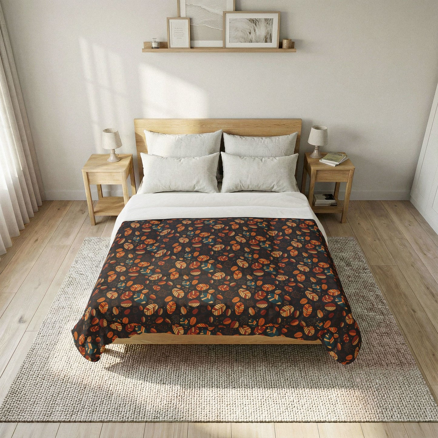 A bed dressed in a dark brown floral-patterned comforter with orange, yellow, and green motifs, styled in a bright, modern bedroom with light wood flooring, a woven rug, and matching bedside tables.