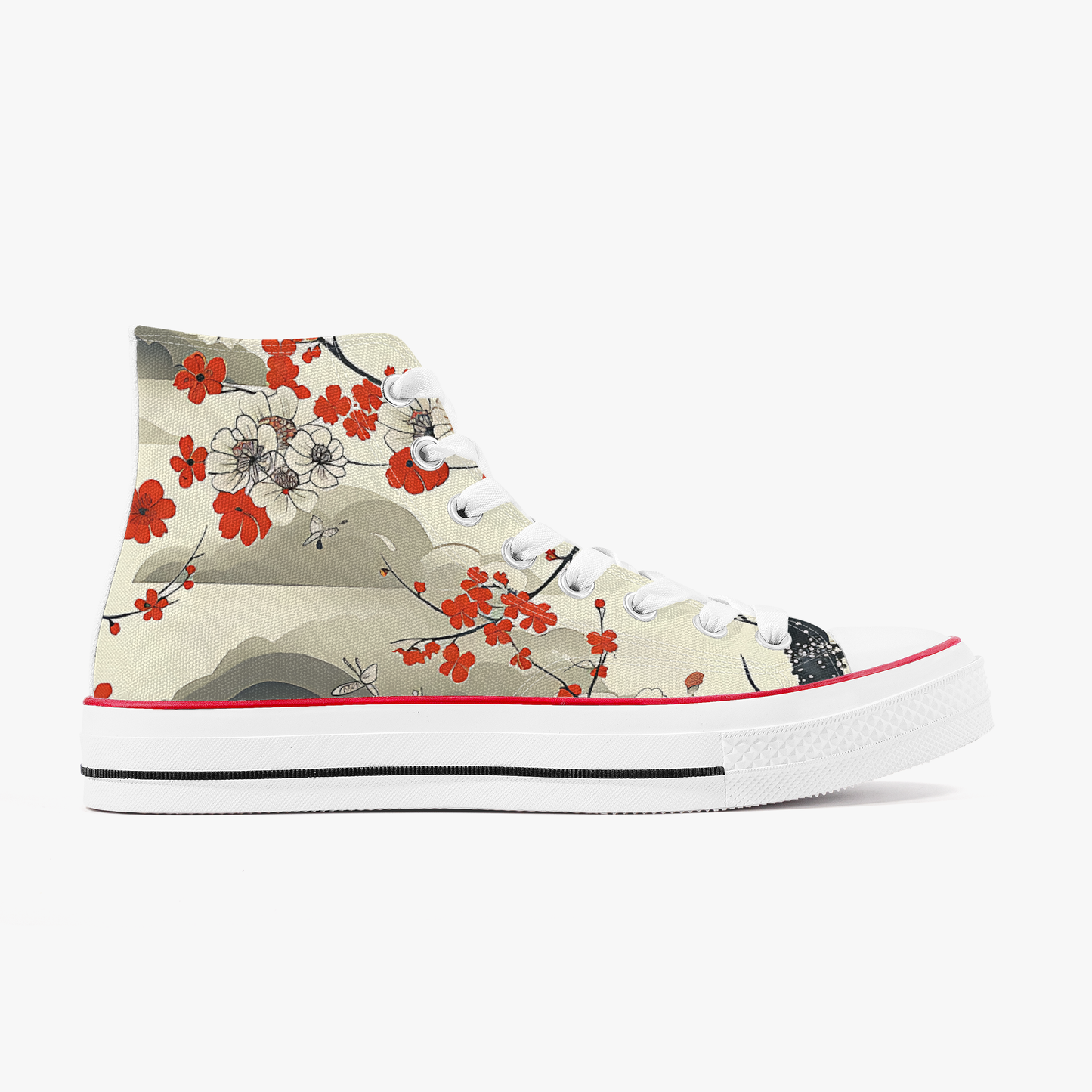 High-top sneaker with floral design on a white background