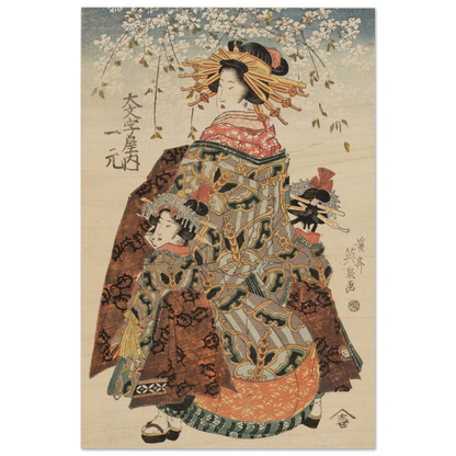 Traditional Japanese artwork of two women in elaborate kimonos with cherry blossoms.