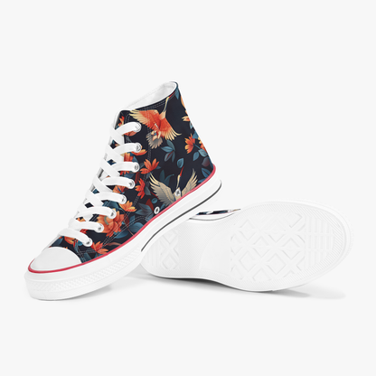 High-top sneakers with a floral pattern on a white background