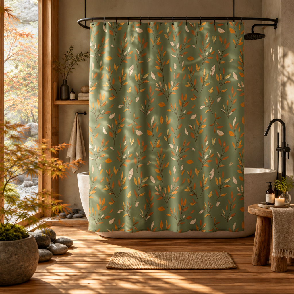 A sage green shower curtain with an orange and cream leafy vine pattern hanging in a rustic, sunlit bathroom with wood floors and a stone tub.