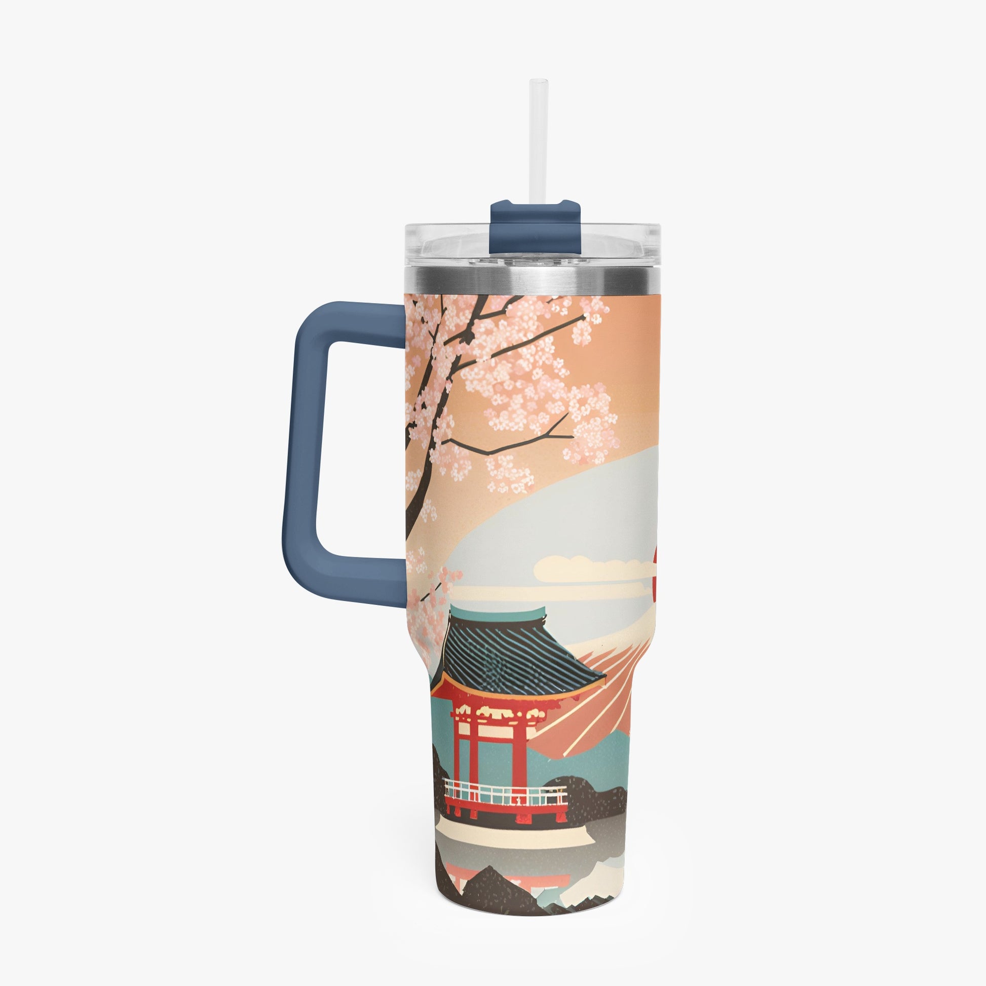 Sunrise Temple Car Tumbler Cup Blue Handle