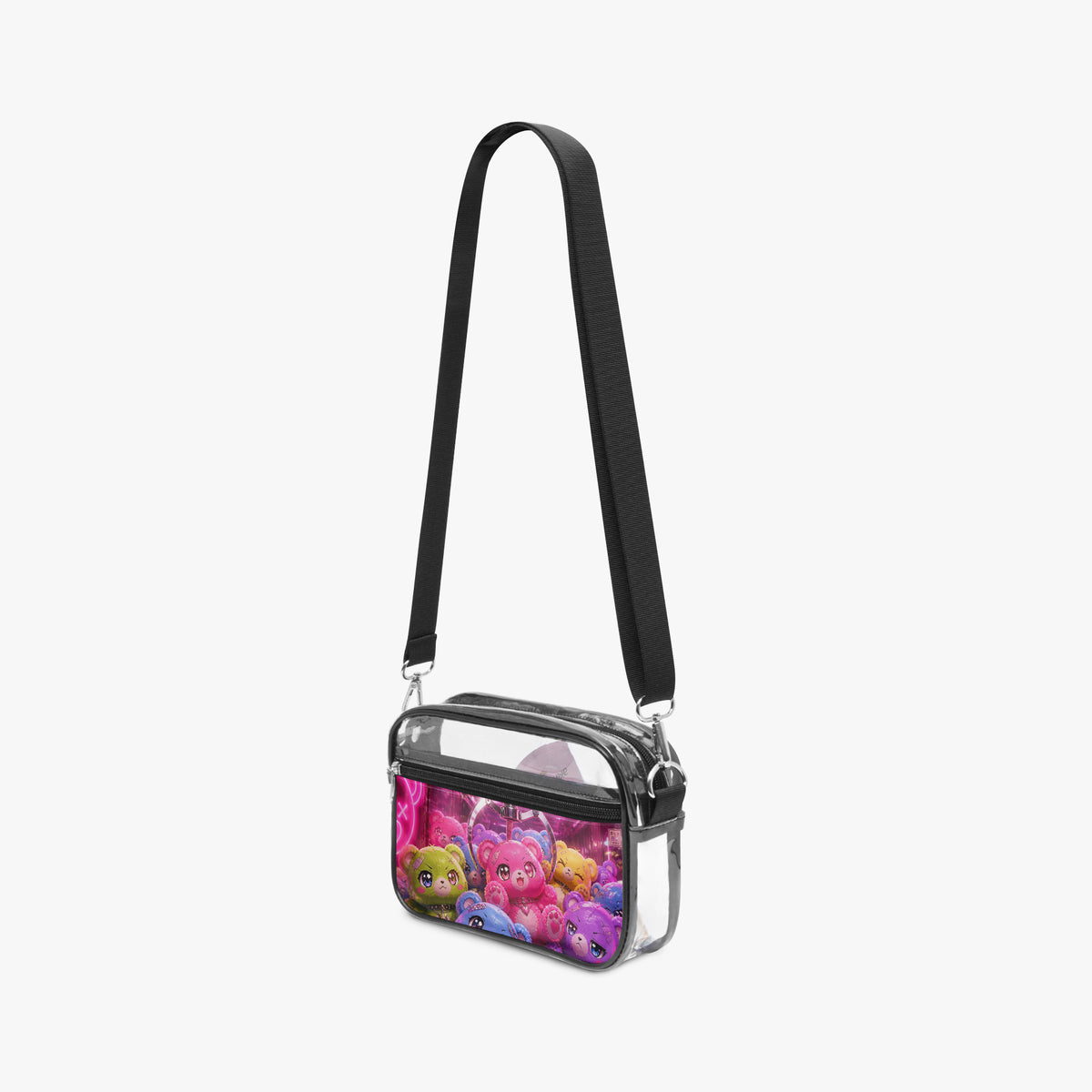 A clear plastic crossbody bag with a black adjustable strap and a colorful cartoon character print on the front, shown against a light gray background.