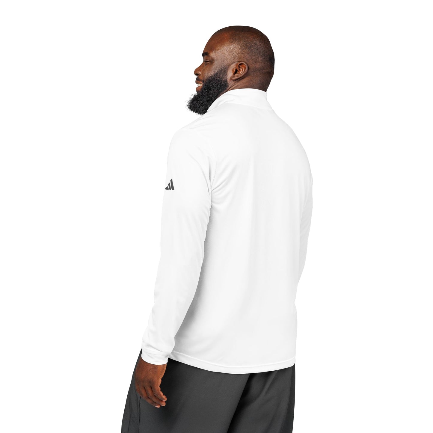 Man wearing a white Adidas long-sleeve shirt on a white background