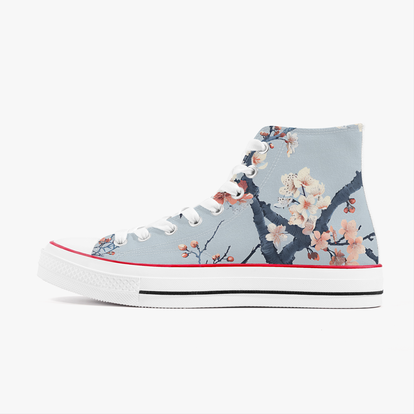 High-top sneakers with floral design on a light blue background