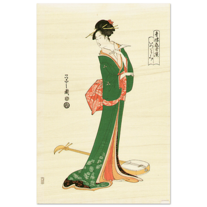 Traditional Japanese illustration of a geisha in a green and red kimono on a beige background.