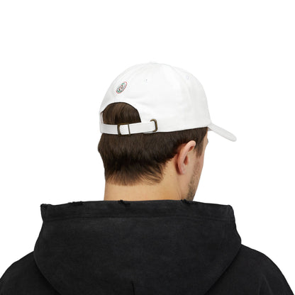 Person wearing a white cap with a logo on the back, facing away from the camera.