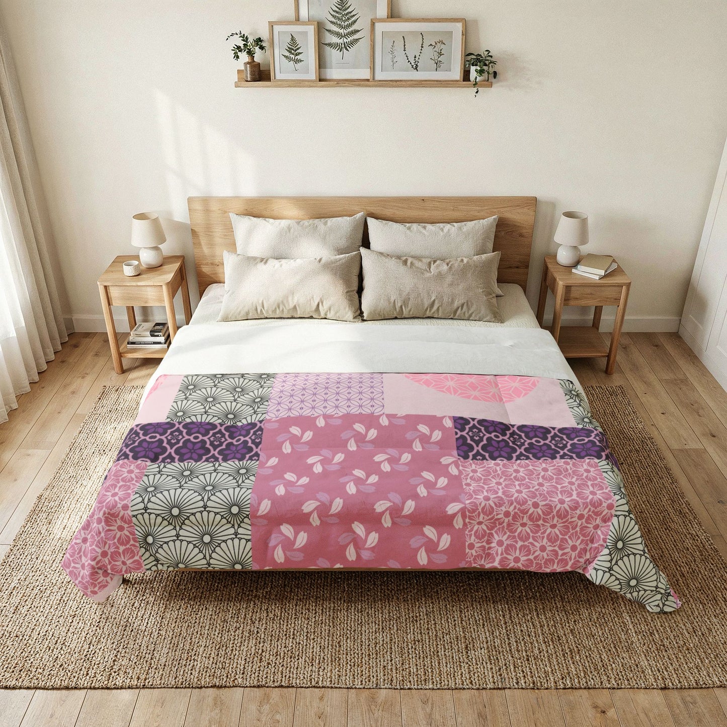 Bedroom with a bed featuring a patchwork quilt and wooden headboard. Cotton Heritage