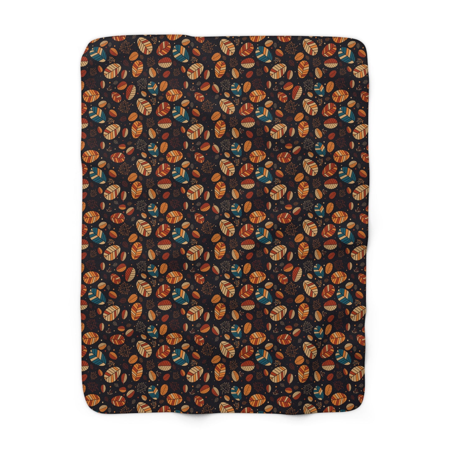 A rectangular throw blanket with rounded corners, featuring an all-over autumn pattern of acorns, leaves, and pinecones in orange, brown, and teal on a dark background, shown flat against a white background.