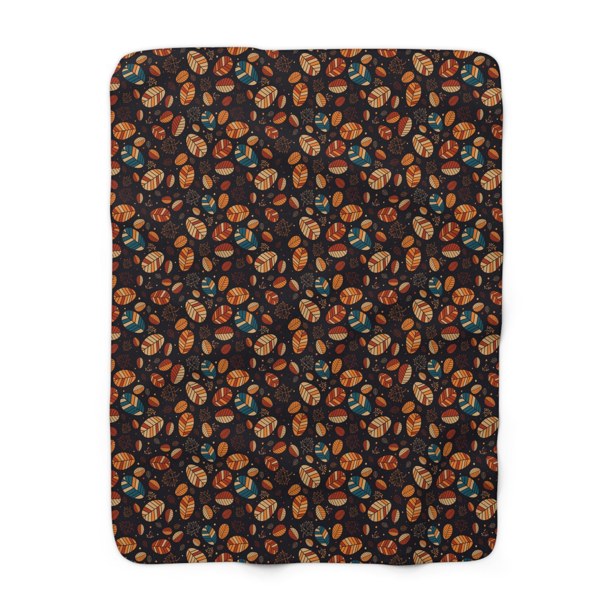 A rectangular throw blanket with rounded corners, featuring an all-over autumn pattern of acorns, leaves, and pinecones in orange, brown, and teal on a dark background, shown flat against a white background.