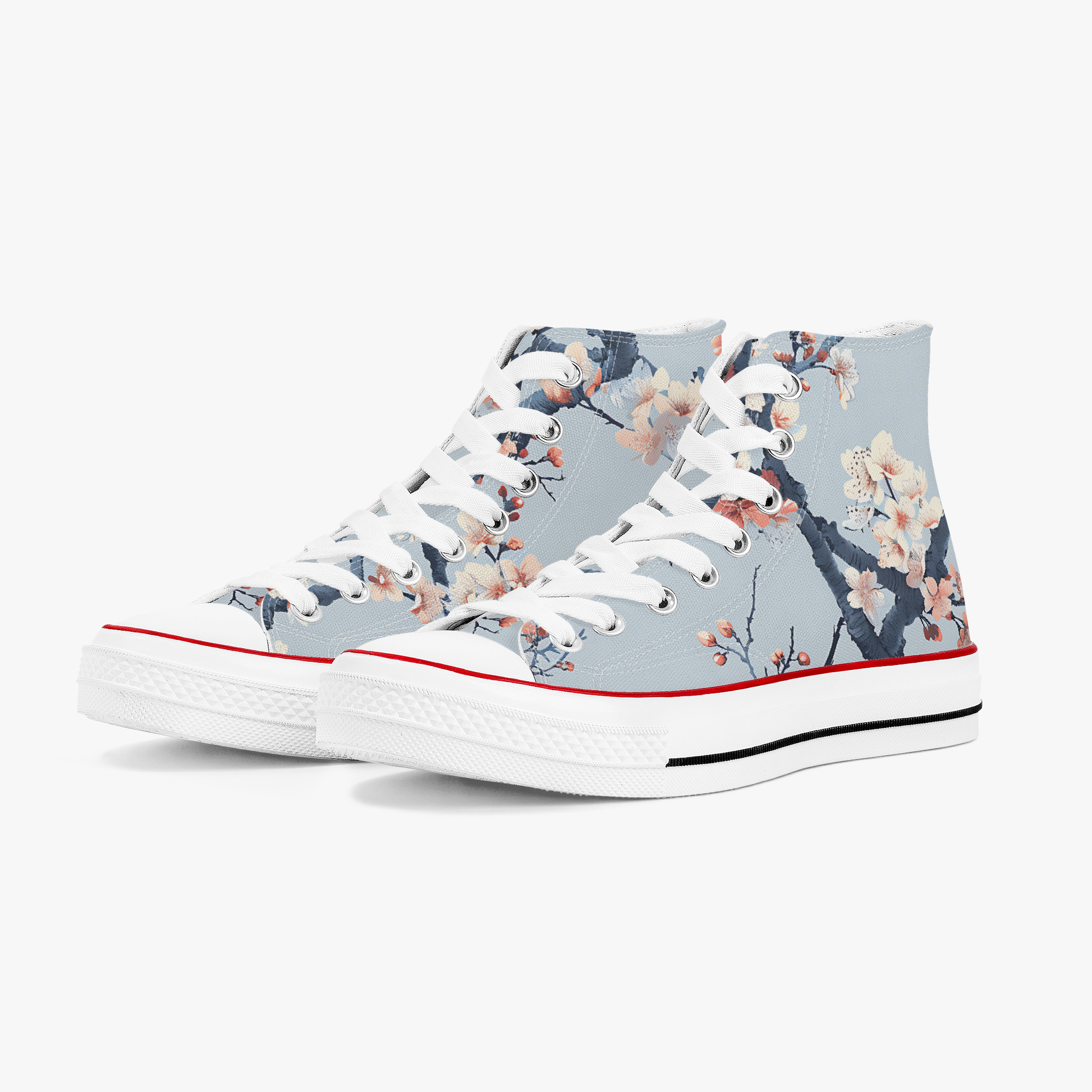 High-top sneakers with floral design on a light blue background