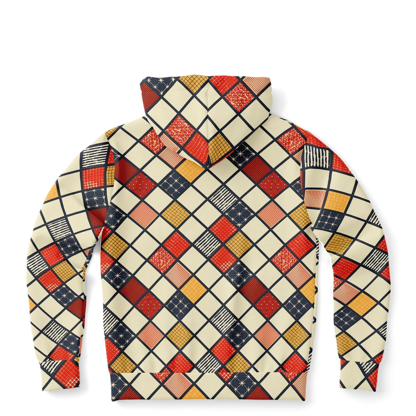 Hoodie with a colorful geometric pattern on a white background