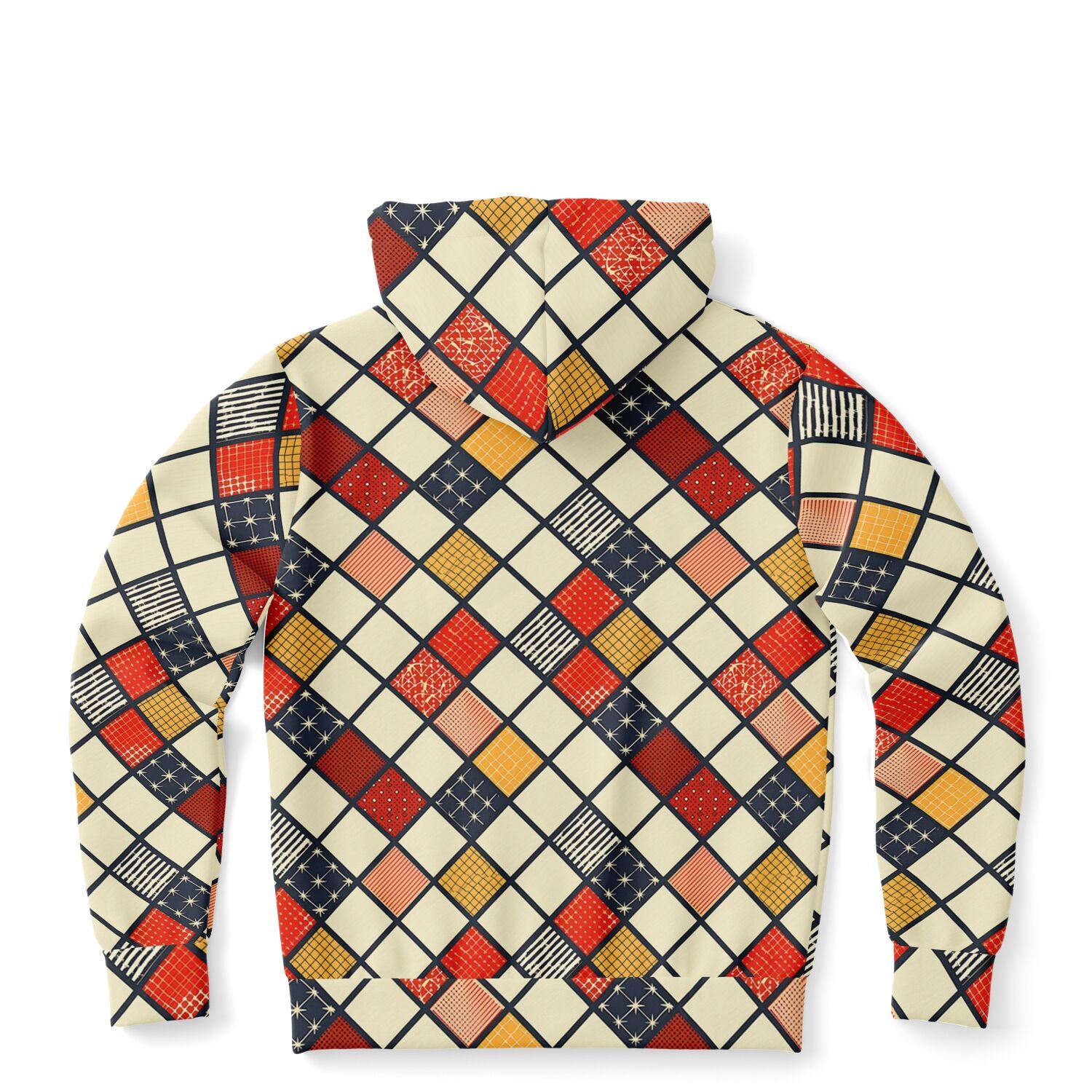 Hoodie with a colorful geometric pattern on a white background