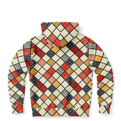 Hoodie with a colorful geometric pattern on a white background