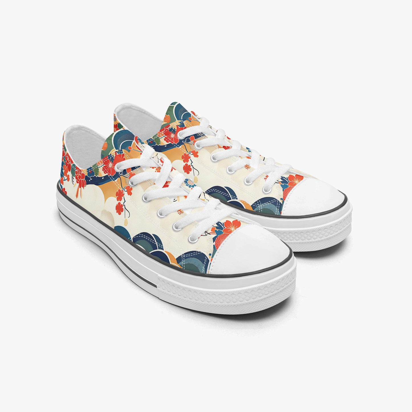 Pair of sneakers with floral and wave design on a white background
