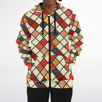 Colorful geometric patterned hoodie on a white background