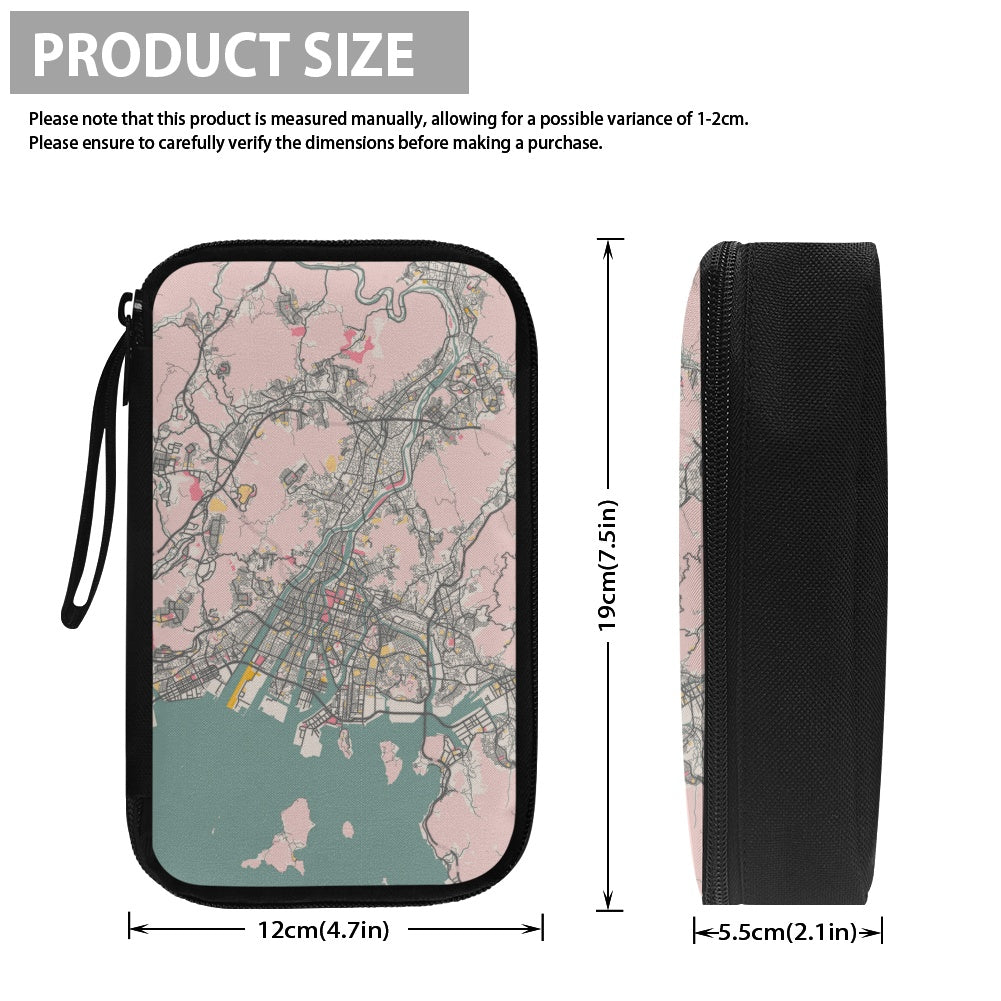 Product size measurement of a case with a map design on a white background