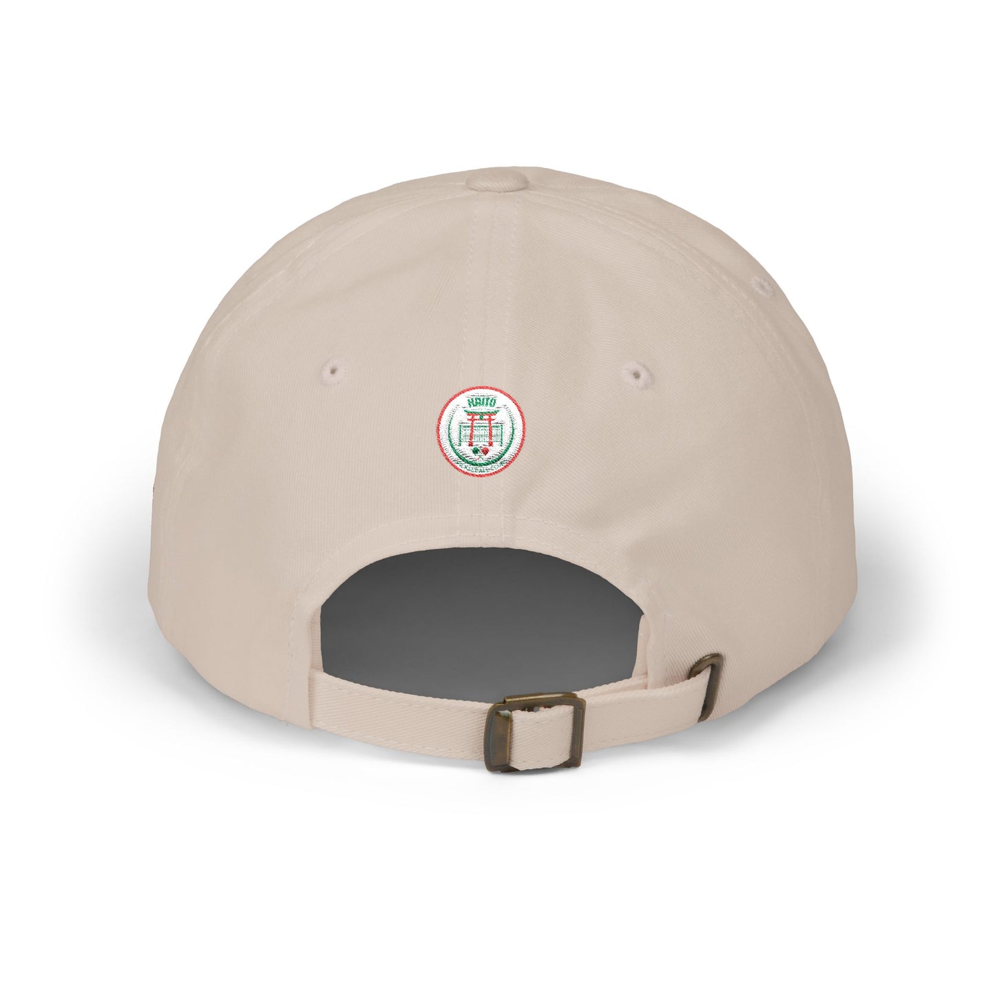 Beige cap with a logo on the back against a white background
