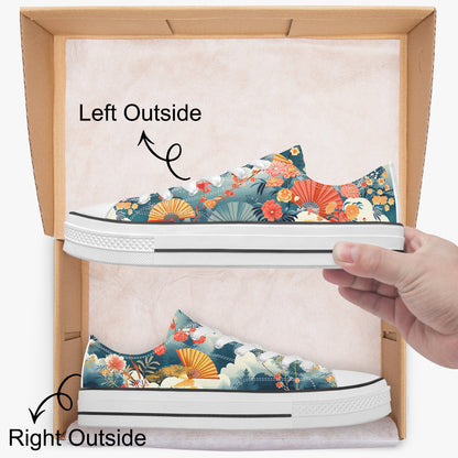 Floral-patterned sneakers displayed in an open box with a hand pointing to the left and right sides.